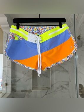 Hurley Colorblock Floral-Trim Women's Swim Shorts - Neon Yellow, Blue & Orange